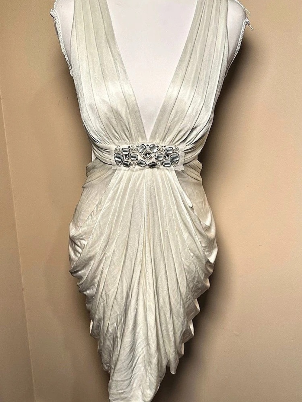 BCBGMAXAZRIA Draped Embellished Mini Dress in Ivory